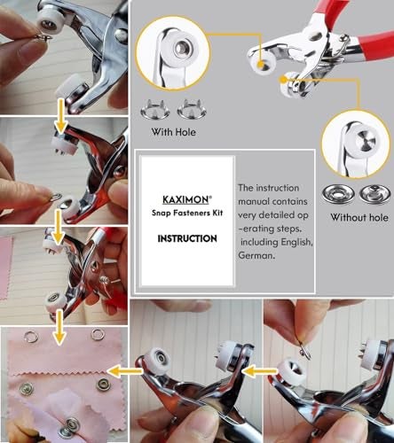 KAXIMON Snap Fasteners Kit 200 Sets, Metal Snap Button Kit with Fastener Pliers No Sewing, 9.5mm Snap on Button Kit Rust Proof DIY Press Studs Button Fix Tools for Fabric Clothing, chrome, SNAP-9.5MM - Image 5