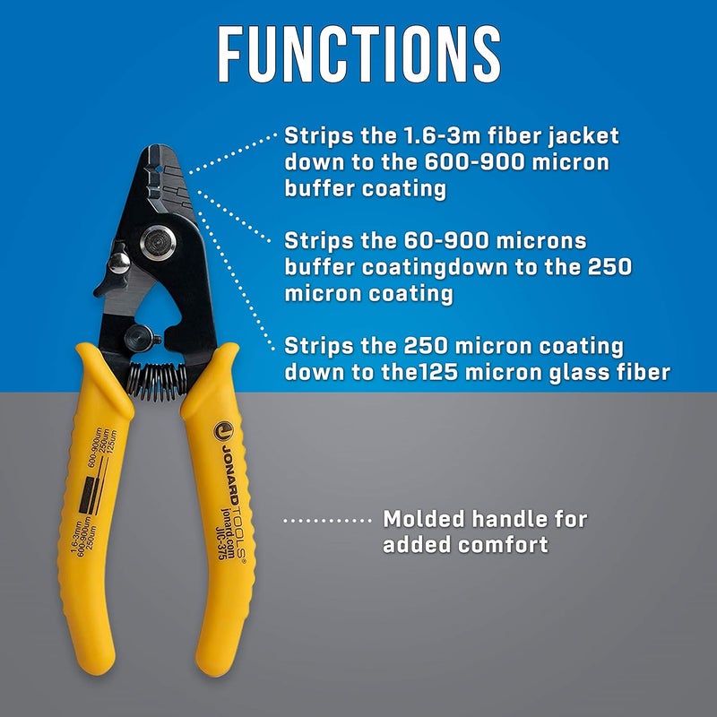 Jonard Tools JIC-375 Three Hole Fiber Optic Stripper – Strips 1.6-3.0mm Jacket, 600-900μm Buffer, 250μm Coating, Precision Tool with Angled Jaw and Safety Lock - Image 5
