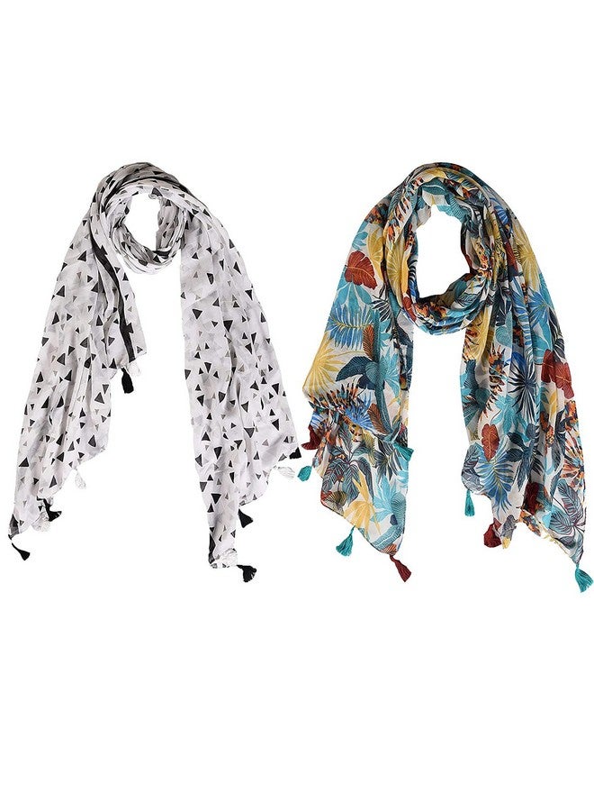 V3E شالات مطبوعة V3E للبنات والسيدات والنساء خفيفة الوزن وناعمة من قماش بولي قطن (متعدد الألوان، S06-(عبوة من 2)) - Image 1