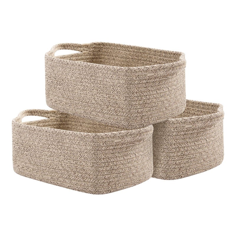 OIAHOMY Cotton Rope Baskets Woven Baskets for Storage Nursery Storage Baskets Rectangle Storage Basket with Handles Storage Baskets for Shelves Pack of 3 Brown Variegated