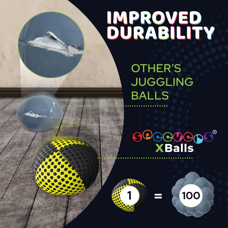 speevers Juggling Balls for Beginners and Professionals Set of 3, 14 Colors Available, 2 Layers of Net and Carry Case, Xballs Juggling Balls (Black - Yellow, 3.2 oz) - Image 3
