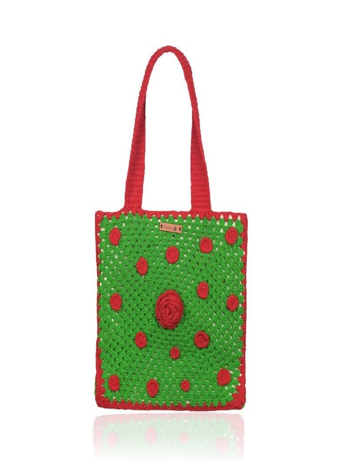 Sutra Handmade Wool Crochet Green Red Rose Tote Bag | Boho Shoulder Purse | Eco-Friendly Reusable Tote Bag | Summer Beach Handbag for Women Girls - Image 1