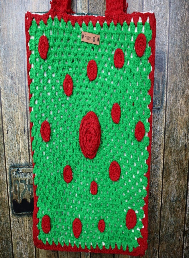 Sutra Handmade Wool Crochet Green Red Rose Tote Bag | Boho Shoulder Purse | Eco-Friendly Reusable Tote Bag | Summer Beach Handbag for Women Girls - Image 4