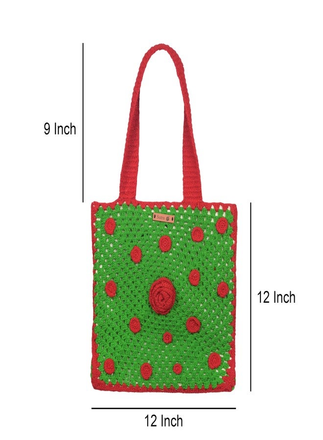 Sutra Handmade Wool Crochet Green Red Rose Tote Bag | Boho Shoulder Purse | Eco-Friendly Reusable Tote Bag | Summer Beach Handbag for Women Girls - Image 2