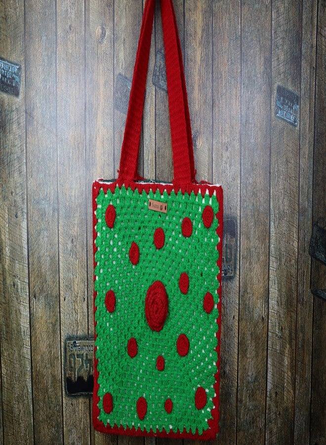 Sutra Handmade Wool Crochet Green Red Rose Tote Bag | Boho Shoulder Purse | Eco-Friendly Reusable Tote Bag | Summer Beach Handbag for Women Girls - Image 3