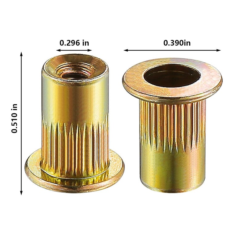 Wensilon Store Rivet Nut 10-32UNC 200Pcs Yellow Zinc Plated Finish Flat Head Rivnut Threaded Insert Nut Knurled Body - Image 2