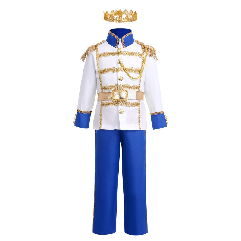AWIBMK Prince King Charming Costume For Kids Boys Medieval Royal Prince Costume Halloween Christmas Cosplay Party Outfits Dress Up Crown Truncheon Cape Belt Shoe Covers Accessories Set Royal Blue 5-7 Years - Image 1