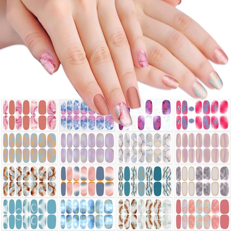 SILPECWEE 16 Sheets Full Nail Wraps Gradient Color Nail Polish Stickers for Women Self Adhesive Nail Polish Strips Stick on Nails Gel Nail Strips Fingernail Manicure Stickers with 1pc Nail File