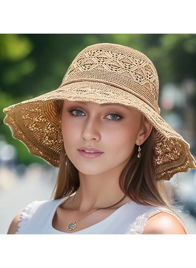 Goolsky Chic Wide Brim Knit Sun Hat with Aluminum Wire Detail - Foldable, Perfect for Beach & Outdoor Activities  - Image 1
