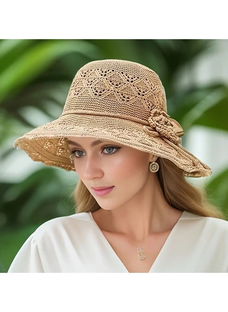 Goolsky Chic Wide Brim Knit Sun Hat with Aluminum Wire Detail - Foldable, Perfect for Beach & Outdoor Activities  - Image 5