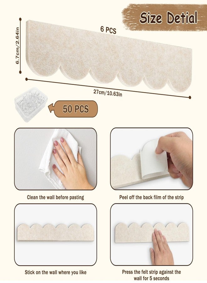 Umtiti 6 Pack 14.5 x 2 inch Frameless Felt Bulletin Strips with 50 Push Pins, Self-Adhesive for Classroom, Office, Home,Beige-6PCS+50D - Image 2