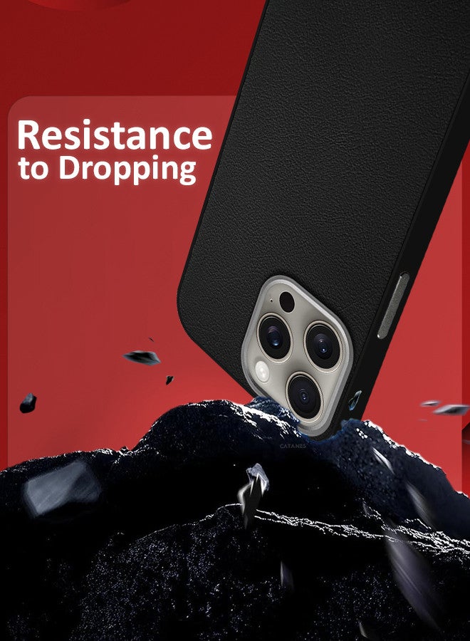 CATANES (for iPhone 15 Pro Max) Case Cover Leather Case with Lens Frame Shockproof Full Body Protective Cover Black - Image 3