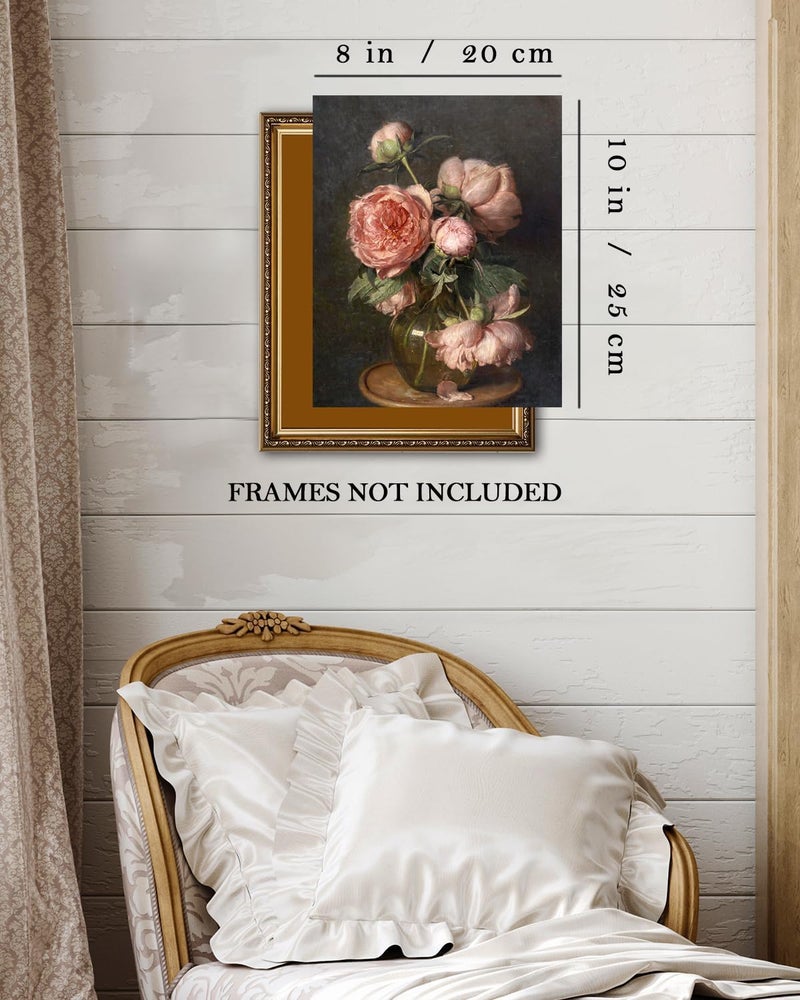 Kizbok Vintage Floral Wall Art  Vintage Wall Decor Retro Moody Floral Canvas Paintings  Classical Dark Pink Peonies Flower Vintage Art Prints  Farmhouse Decor for Bathroom Bedroom(8""x10""-Unframed) - Image 1