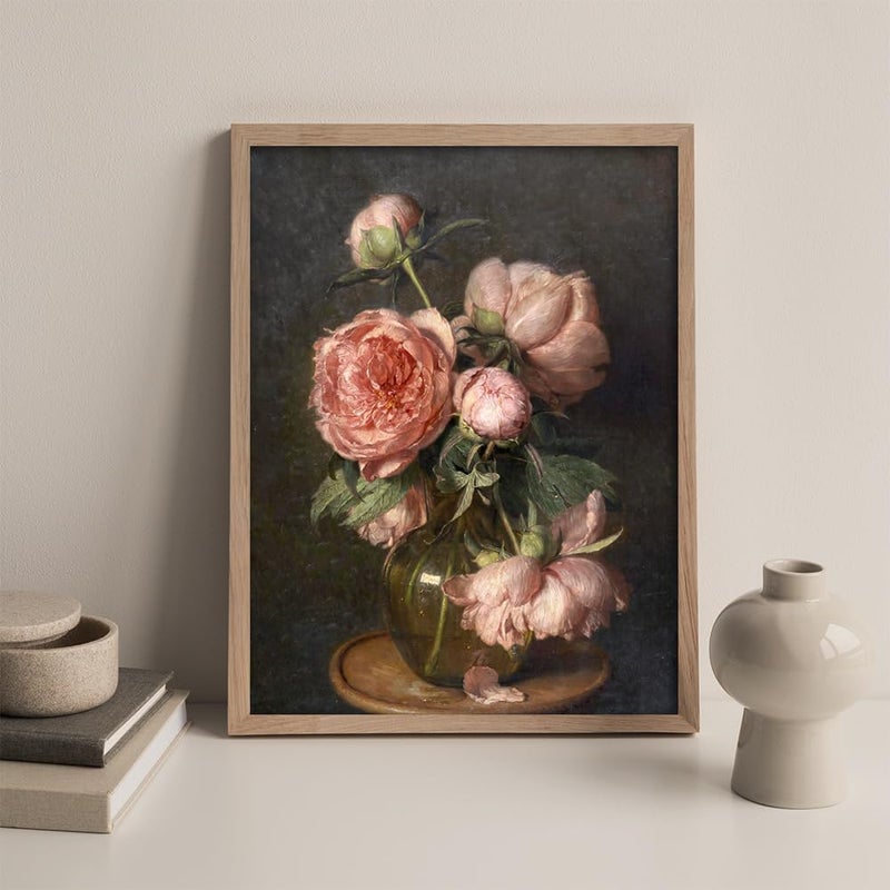 Kizbok Vintage Floral Wall Art  Vintage Wall Decor Retro Moody Floral Canvas Paintings  Classical Dark Pink Peonies Flower Vintage Art Prints  Farmhouse Decor for Bathroom Bedroom(8""x10""-Unframed) - Image 4