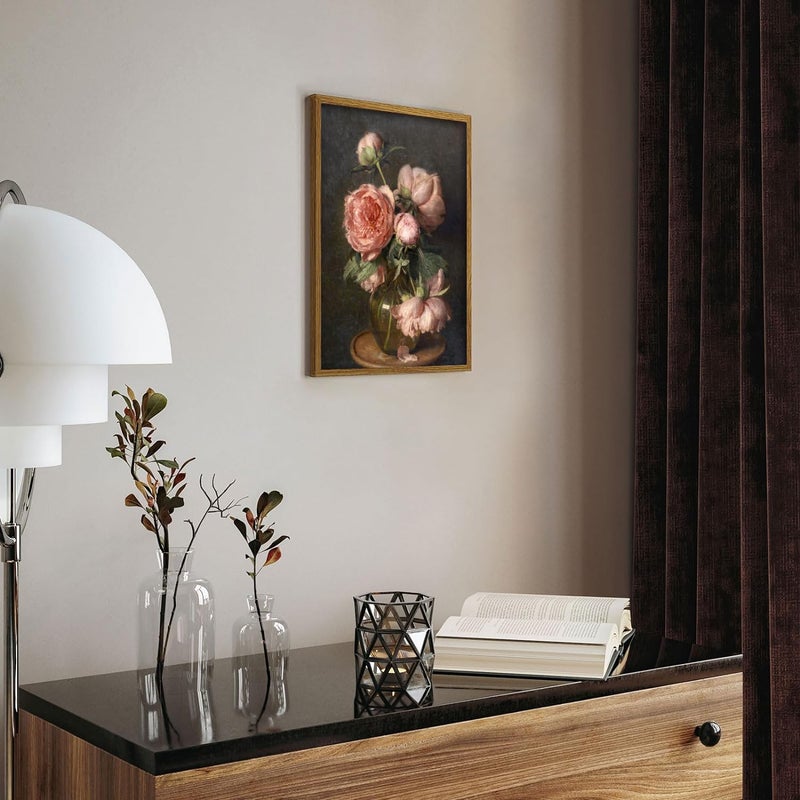 Kizbok Vintage Floral Wall Art  Vintage Wall Decor Retro Moody Floral Canvas Paintings  Classical Dark Pink Peonies Flower Vintage Art Prints  Farmhouse Decor for Bathroom Bedroom(8""x10""-Unframed) - Image 3