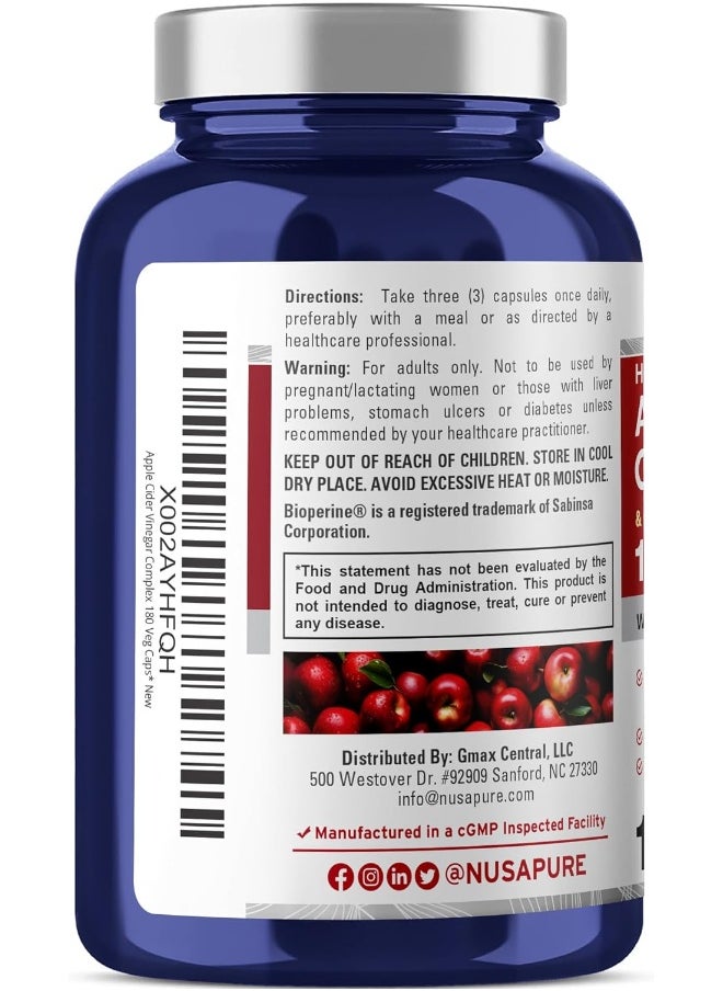NusaPure NusaPure Apple Cider Vinegar Complex - 180 Veggie Caps - Organic ACV and Ceylon Cinnamon, Organic Ginger, Bioperine & Organic Cayenne Pepper  - Image 3