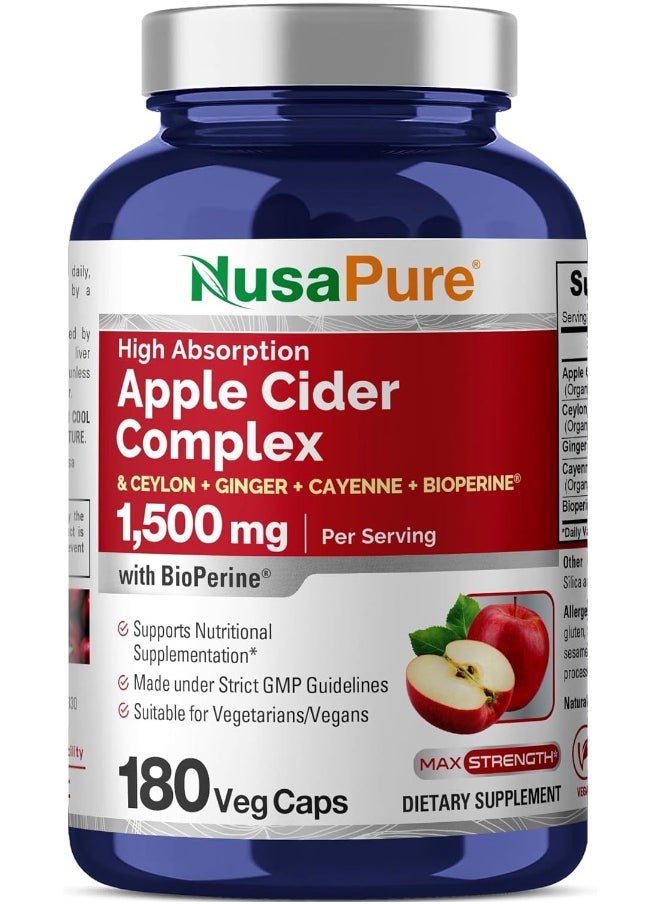 NusaPure NusaPure Apple Cider Vinegar Complex - 180 Veggie Caps - Organic ACV and Ceylon Cinnamon, Organic Ginger, Bioperine & Organic Cayenne Pepper  - Image 1