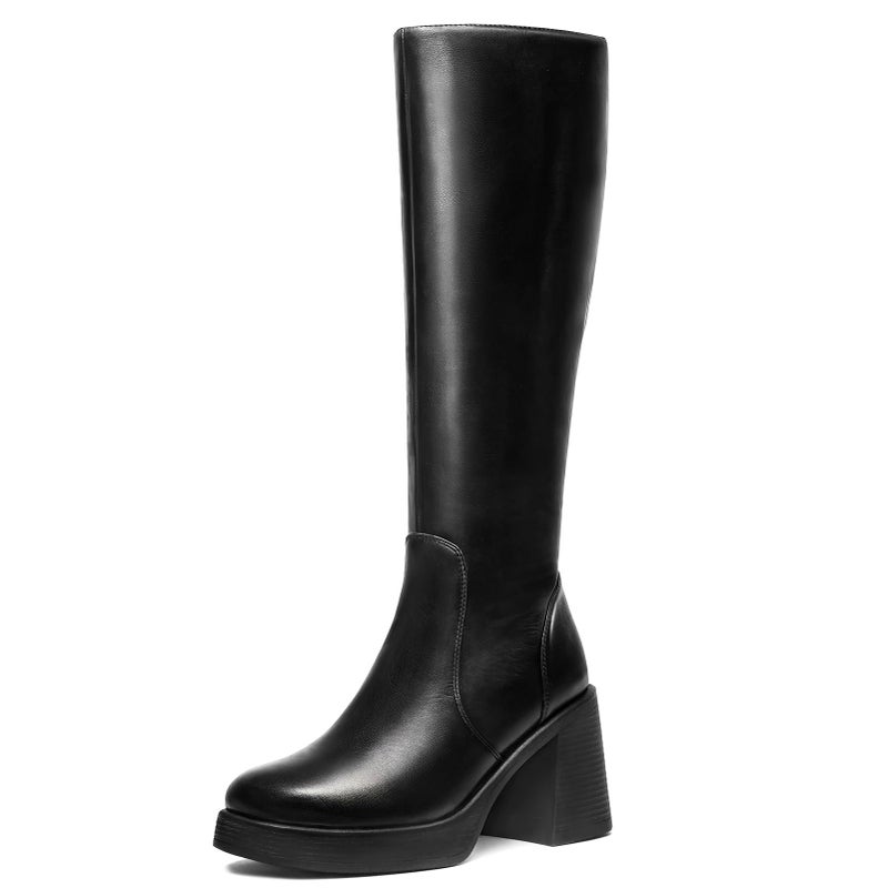 Choiran Black Knee High Boots for Women - Wide Calf Platform Tall Boots Square Toe Chunky Block Heeled Gogo Boots B 8.5 - Image 1