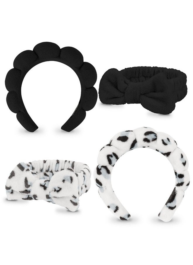 Wecoe - 4Pcs Skincare Headband For Washing Face Spa Makeup Face Wash Bow Headband Cute Black White Leopard Printed Puffy Microfiber Sponge Bubble Headband Hair Accessories Women Girls Kids Teens Gifts - Image 1