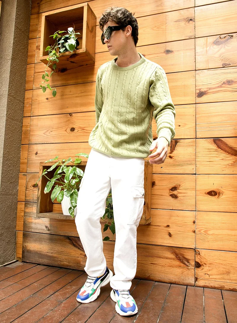 كامبوس سوترا Men's Olive Green Cable Knit Sweater