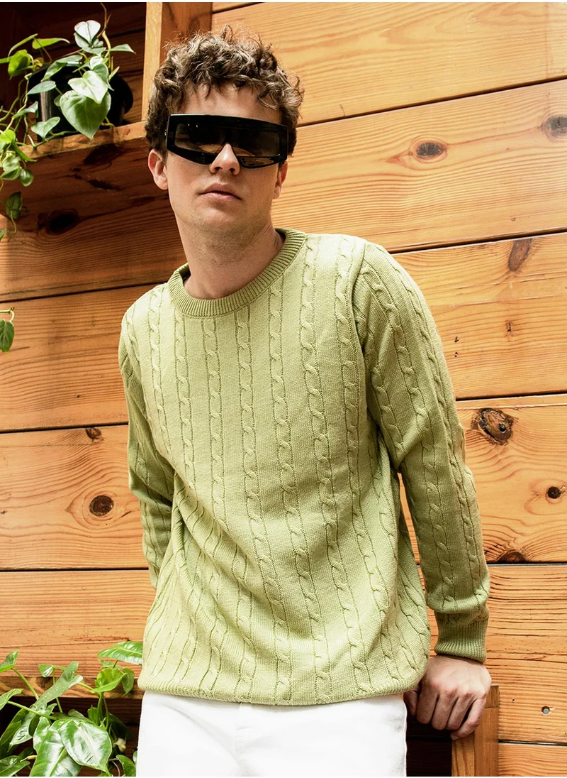 Campus Sutra Men's Olive Green Cable Knit Sweater