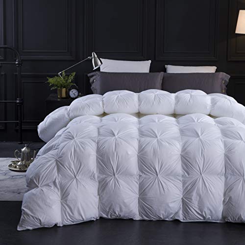 Three Geese Pinch Pleat Waterfowl Feathers and Down Comforter Queen Size Duvet Insert750 Fill Power1200TC 100 Cotton Premium All Seasons White Warm Hotel Comforter with 8 Tabs