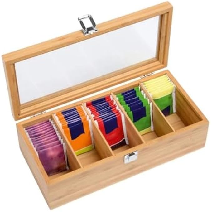 KASTWAVE Tea Bag Organizer Bamboo Storage Box 5 Section Removable Divider With Airtight Snap Design Dustproof And Dry Herbal Tea Box For Kitchen Countertop 118 X 39 X 25 - Image 2