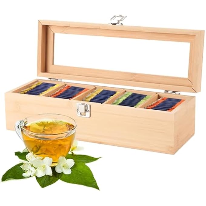 KASTWAVE Tea Bag Organizer Bamboo Storage Box 5 Section Removable Divider With Airtight Snap Design Dustproof And Dry Herbal Tea Box For Kitchen Countertop 118 X 39 X 25 - Image 3