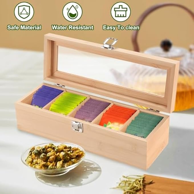 KASTWAVE Tea Bag Organizer Bamboo Storage Box 5 Section Removable Divider With Airtight Snap Design Dustproof And Dry Herbal Tea Box For Kitchen Countertop 118 X 39 X 25 - Image 5