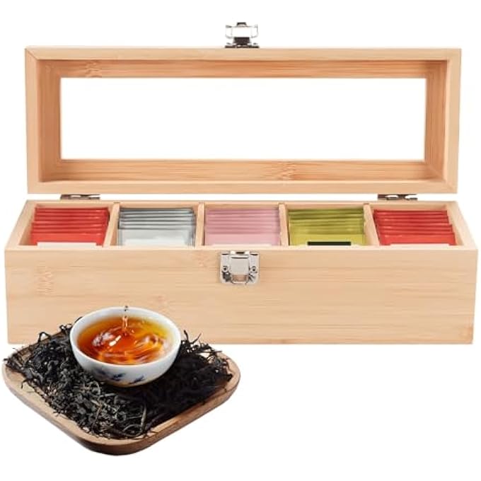 KASTWAVE Tea Bag Organizer Bamboo Storage Box 5 Section Removable Divider With Airtight Snap Design Dustproof And Dry Herbal Tea Box For Kitchen Countertop 118 X 39 X 25 - Image 4