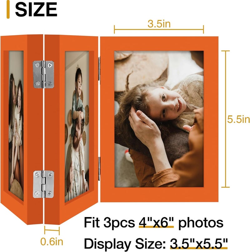 decorUhome Triple 4x6 Picture Frame Vertical, Engineered Wood Trifold Photo Frame with Plexiglass for Tabletop Display, 4x6, Orange - Image 4