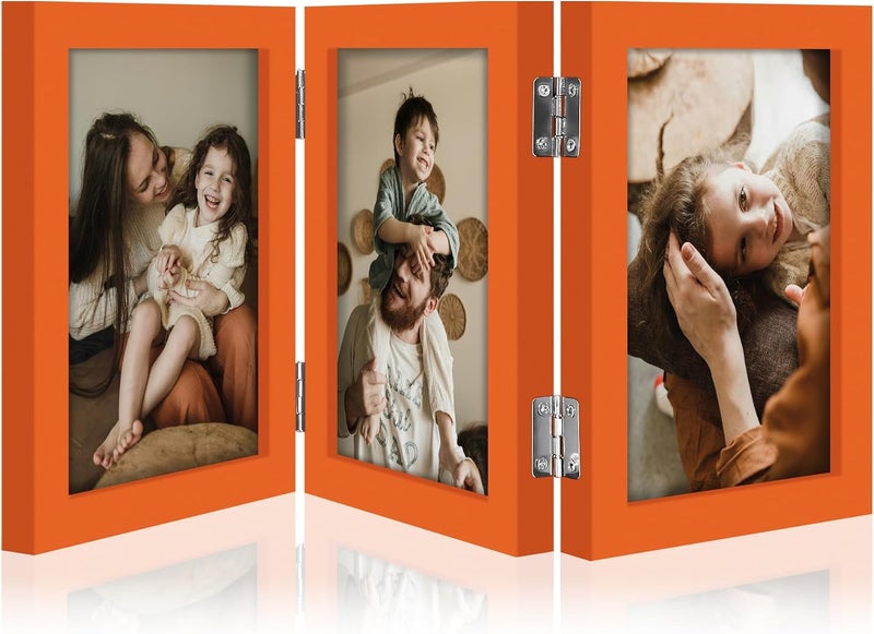 decorUhome Triple 4x6 Picture Frame Vertical, Engineered Wood Trifold Photo Frame with Plexiglass for Tabletop Display, 4x6, Orange - Image 1