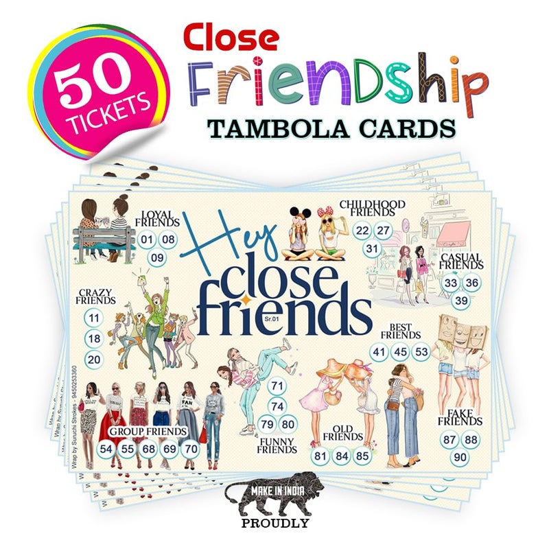 Suruchi Strokes Close Friends Theme Tambola Tickets, New Bingo, Housie Games, Friendship Collection, Designer Printed kukuba for Family Wedding Kitty Party (50 Tickets) - Image 2