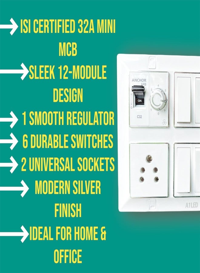 A1 LED 12 Module Silver Line Electrical Panel | 32A Mini SP MCB | 1 Fan Regulator, 6 Switches, 2 Universal Sockets - Premium Modular Design for Homes & Offices - Image 4
