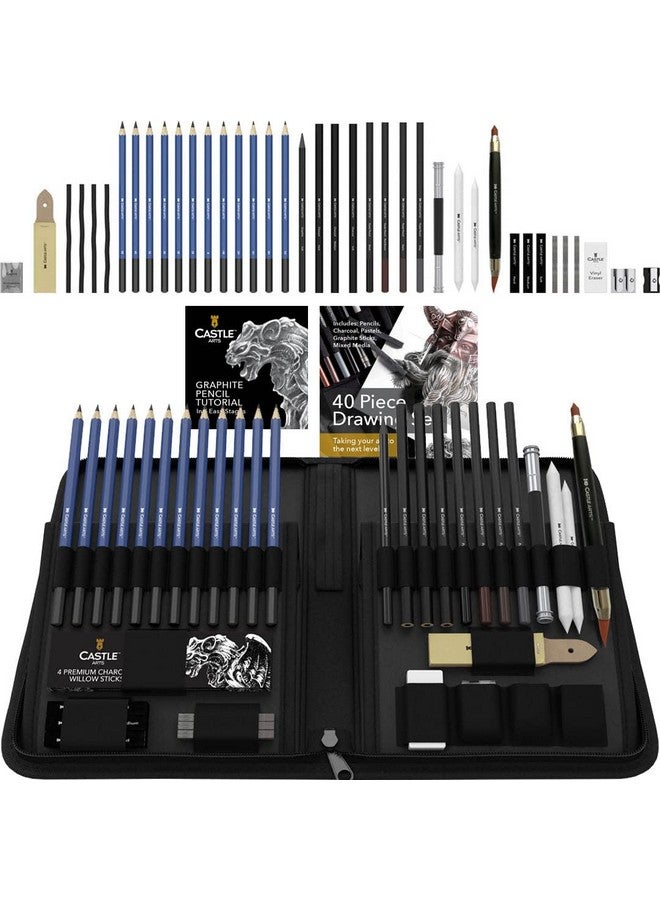 Castle Art Supplies Graphite Drawing Pencils and Sketch Set (40-Piece Kit), Complete Artist Kit Includes Charcoals, Pastels and Zippered Carry Case, Rare Pop-Up Stand - Image 1