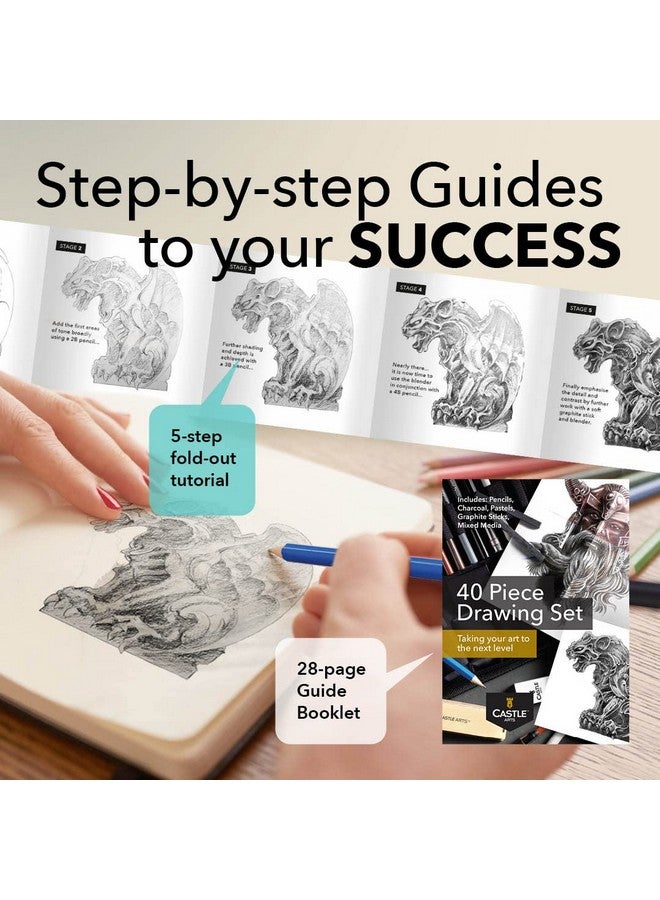 Castle Art Supplies Graphite Drawing Pencils and Sketch Set (40-Piece Kit), Complete Artist Kit Includes Charcoals, Pastels and Zippered Carry Case, Rare Pop-Up Stand - Image 5