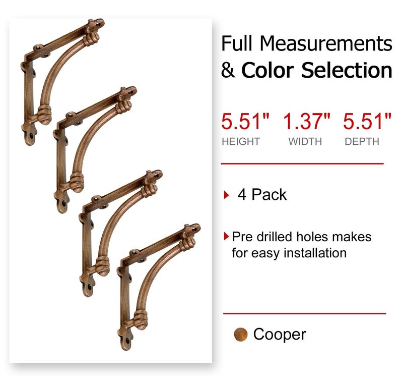 NACH Decorative Shelf Brackets, 4 Pack of 5.5 x 1.2 x 5.5 inch Copper Cast Iron Shelf Brackets - Decorative Brackets for Mounting - Half Round Style Brackets - Image 2