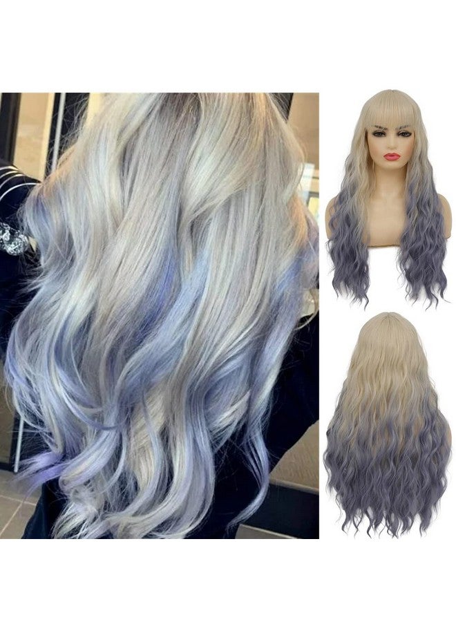 Swiking Blonde Ombre Blue Curly Women Wigs With Bangs Wave Long Blonde Synthetic Hair Cosplay Daily Natural Full Wig - Image 1