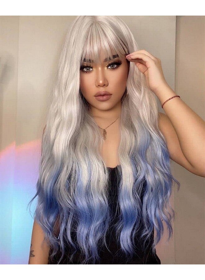 Swiking Blonde Ombre Blue Curly Women Wigs With Bangs Wave Long Blonde Synthetic Hair Cosplay Daily Natural Full Wig - Image 3