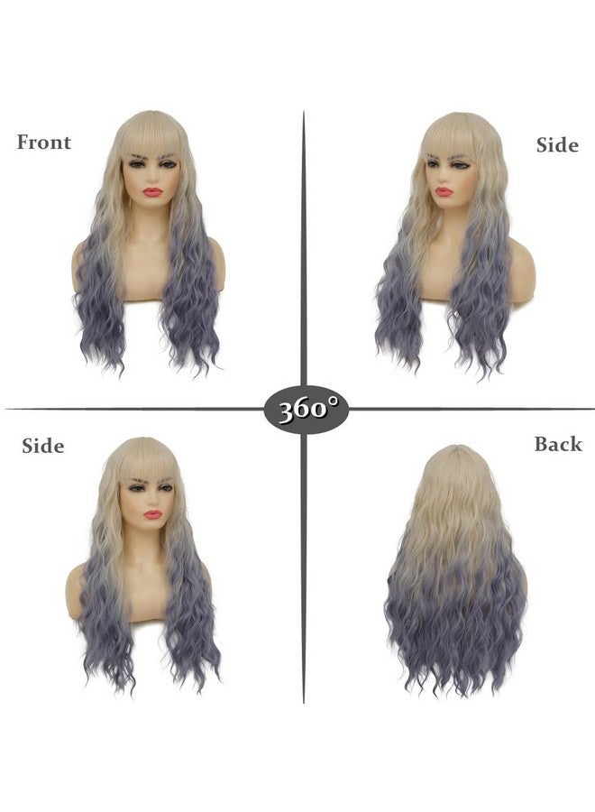 Swiking Blonde Ombre Blue Curly Women Wigs With Bangs Wave Long Blonde Synthetic Hair Cosplay Daily Natural Full Wig - Image 4