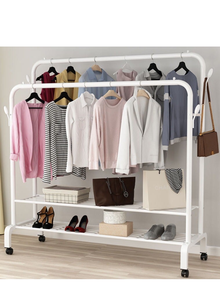 Clothes Organizer Clothes Hanger Clothes Rack Double Rods Clothing Rack Free Standing Metal Clothing Hanging Rack with 2 Layer Storage Rack and Wheels for Bedroom Hallway Entryway(White)