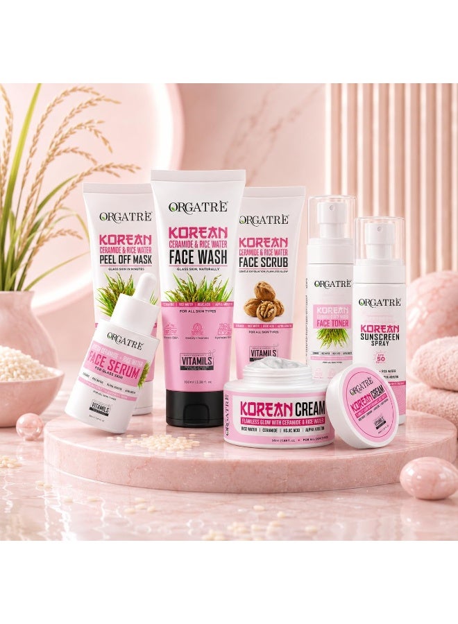 Orgatre K-Glow Korean Skincare Combo | 7-in-1 Peel Off Mask100ml, Face Wash100ml,face Scrub100ml, Toner 30ml, Sunscreen 50ml, face Serum 30ml& Cream 50ml  | Glass Skin Routine for Radiant Glow, Hydration & Brightening | For All Skin Types - Image 1