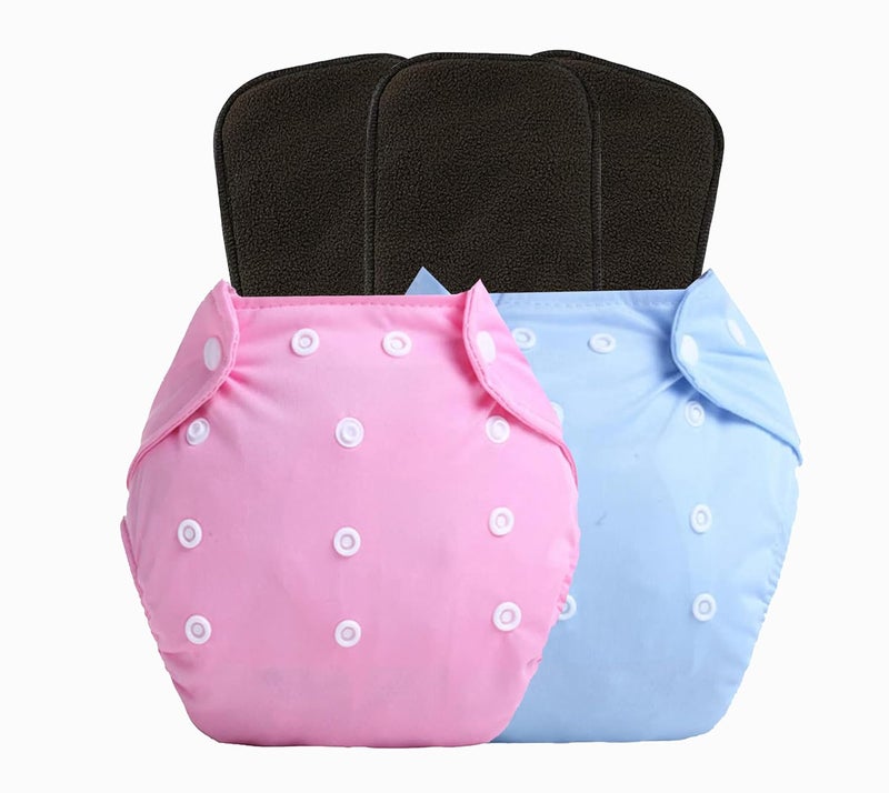 Alya Baby 2 Reusable Cloth Diapers With 3 Black Bamboo Charcoal Wet Free Insert Pad Set For Toddlers/New Borns Age 0-14 Months - Image 1