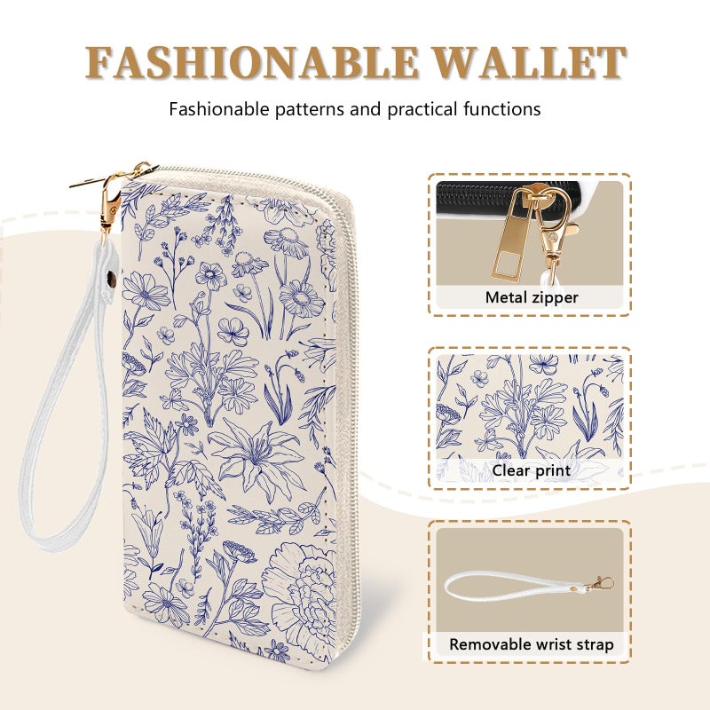 Vorruil Blue Flower Women Wallet, RFID Blocking Credit Card Holder Wallet for Women Wristlet, Ladies Purse with Zip Around Phone Holder, Travel Large Capacity Wallets Hand Strap, Women's Clutch Organizer - Image 5