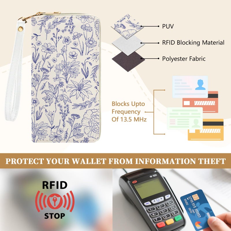 Vorruil Blue Flower Women Wallet, RFID Blocking Credit Card Holder Wallet for Women Wristlet, Ladies Purse with Zip Around Phone Holder, Travel Large Capacity Wallets Hand Strap, Women's Clutch Organizer - Image 4