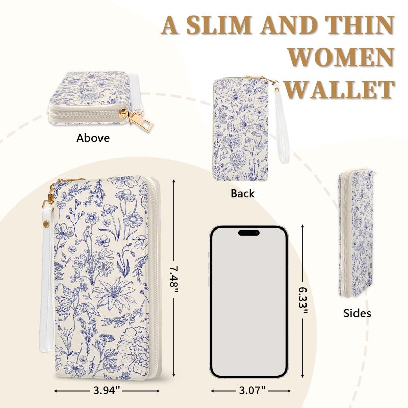 Vorruil Blue Flower Women Wallet, RFID Blocking Credit Card Holder Wallet for Women Wristlet, Ladies Purse with Zip Around Phone Holder, Travel Large Capacity Wallets Hand Strap, Women's Clutch Organizer - Image 2