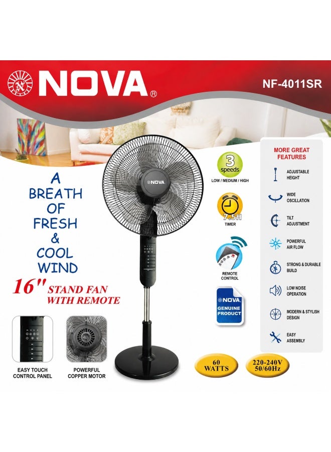 NOVA NF-4011SR Pedestal Fan 16" – Advanced Remote-Control Cooling Solution Featuring 60W Power, 3 Wind Speeds, Timer Function, Wide Oscillation, Energy Saving Performance and Reliable Everyday Comfort - Image 1