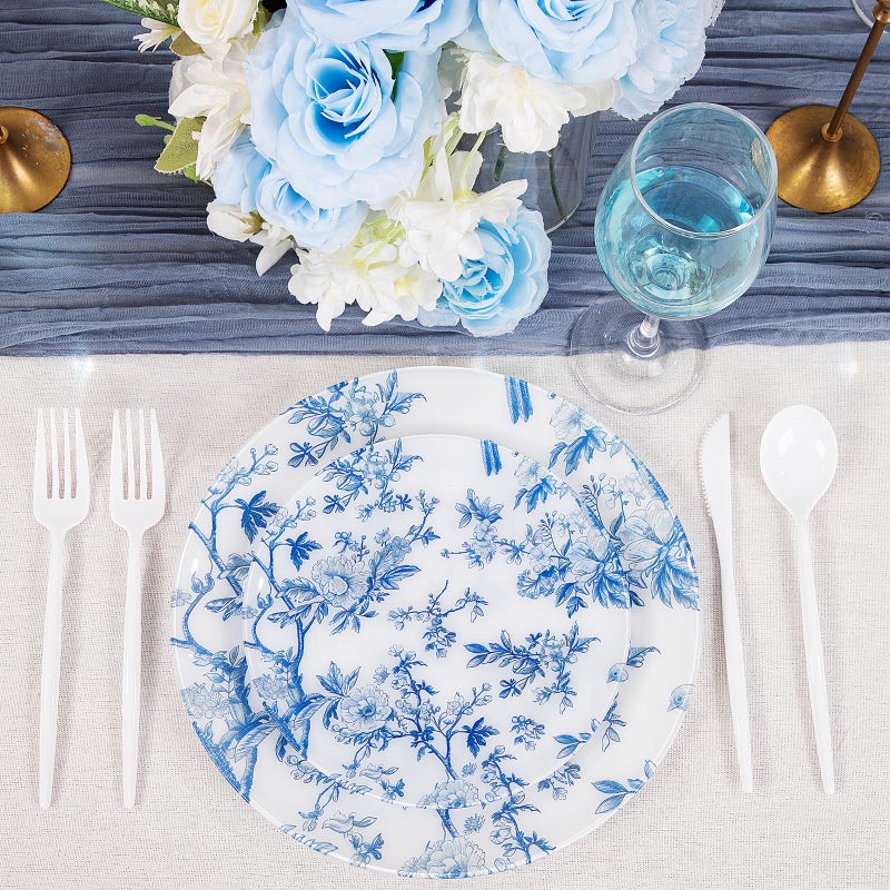ejonirinjonir EI 60pcs Blue Plastic Plates Disposable Heavy Duty,Blue and White Floral Disposable Plates,10.25" Dinner & 7.5" Dessert Plate,Natural Fresh and Elegant Decorations for Birthdays/Tea Party/Wedding - Image 4