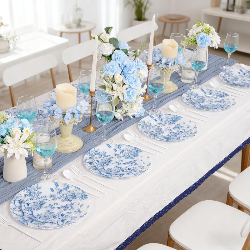 ejonirinjonir EI 60pcs Blue Plastic Plates Disposable Heavy Duty,Blue and White Floral Disposable Plates,10.25" Dinner & 7.5" Dessert Plate,Natural Fresh and Elegant Decorations for Birthdays/Tea Party/Wedding - Image 3