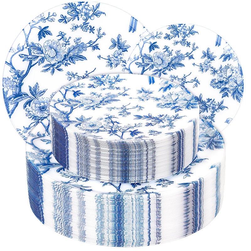ejonirinjonir EI 60pcs Blue Plastic Plates Disposable Heavy Duty,Blue and White Floral Disposable Plates,10.25" Dinner & 7.5" Dessert Plate,Natural Fresh and Elegant Decorations for Birthdays/Tea Party/Wedding - Image 1